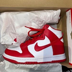 Brand new Grade school high top red and white dunks